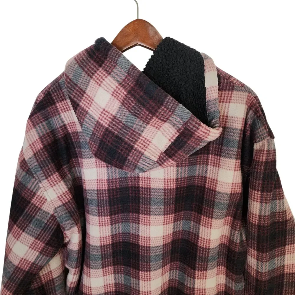 Leehanton Plaid Hooded Flannel Jacket Zip Up Sherpa Lined Red Black Men's 2XL